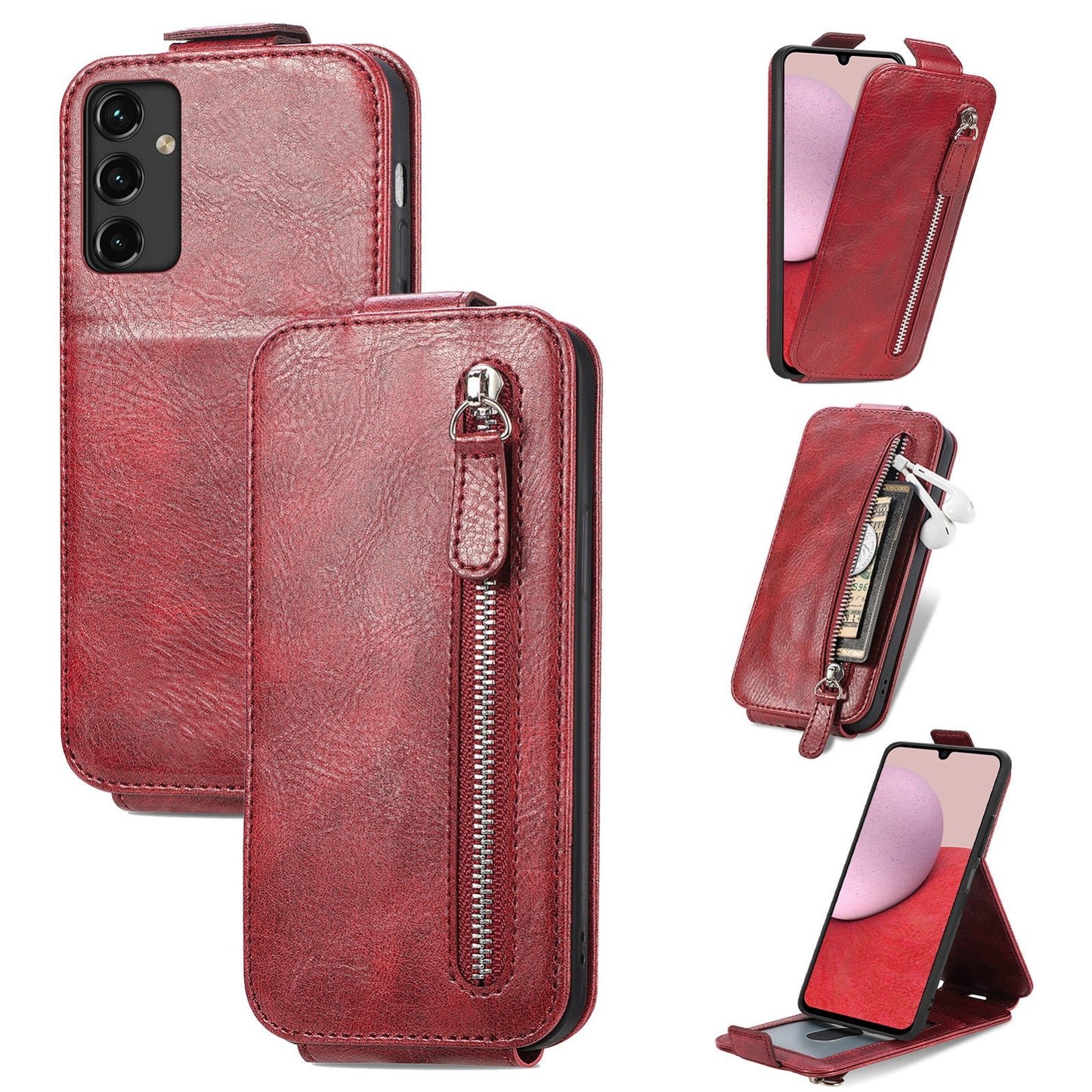 Samsung Galaxy A14 5G Zipper Wallet Case - Vertical Flip Leather Phone Cover with Multiple Card Slots and Stand