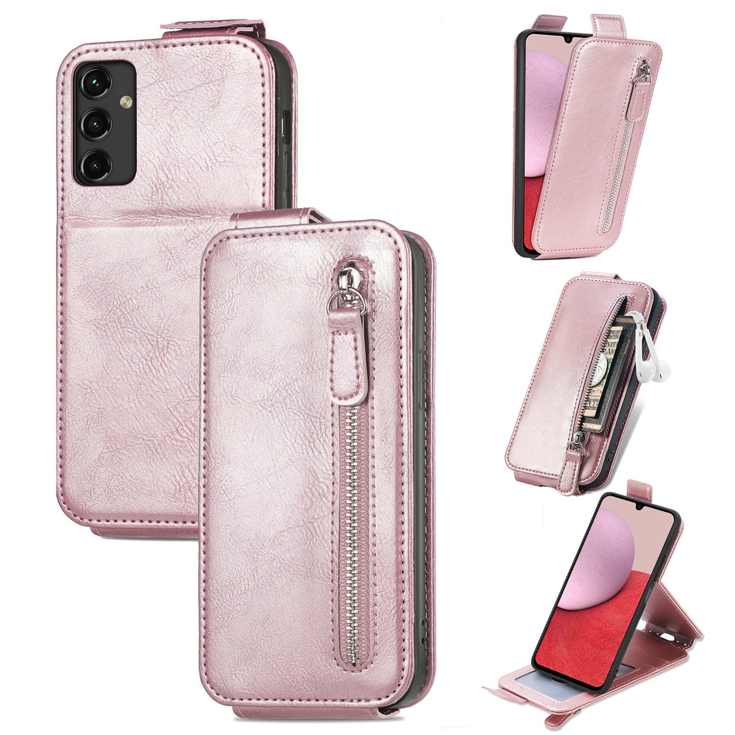 Samsung Galaxy A14 5G Zipper Wallet Case - Vertical Flip Leather Phone Cover with Multiple Card Slots and Stand