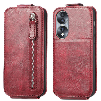 Honor 70 Zipper Wallet Case - Vertical Flip Leather Phone Cover with Multiple Card Slots and Stand