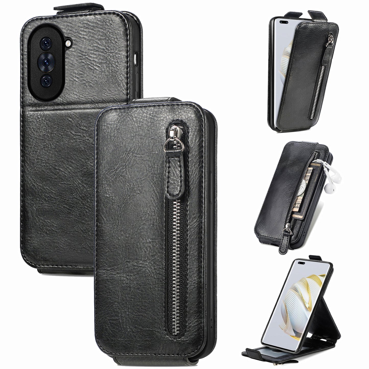 Huawei Nova 10 Pro Zipper Wallet Case - Vertical Flip Leather Phone Cover with Multiple Card Slots and Stand