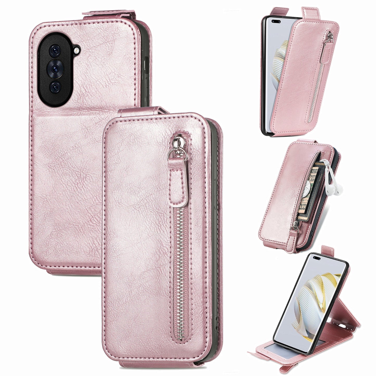 Huawei Nova 10 Pro Zipper Wallet Case - Vertical Flip Leather Phone Cover with Multiple Card Slots and Stand