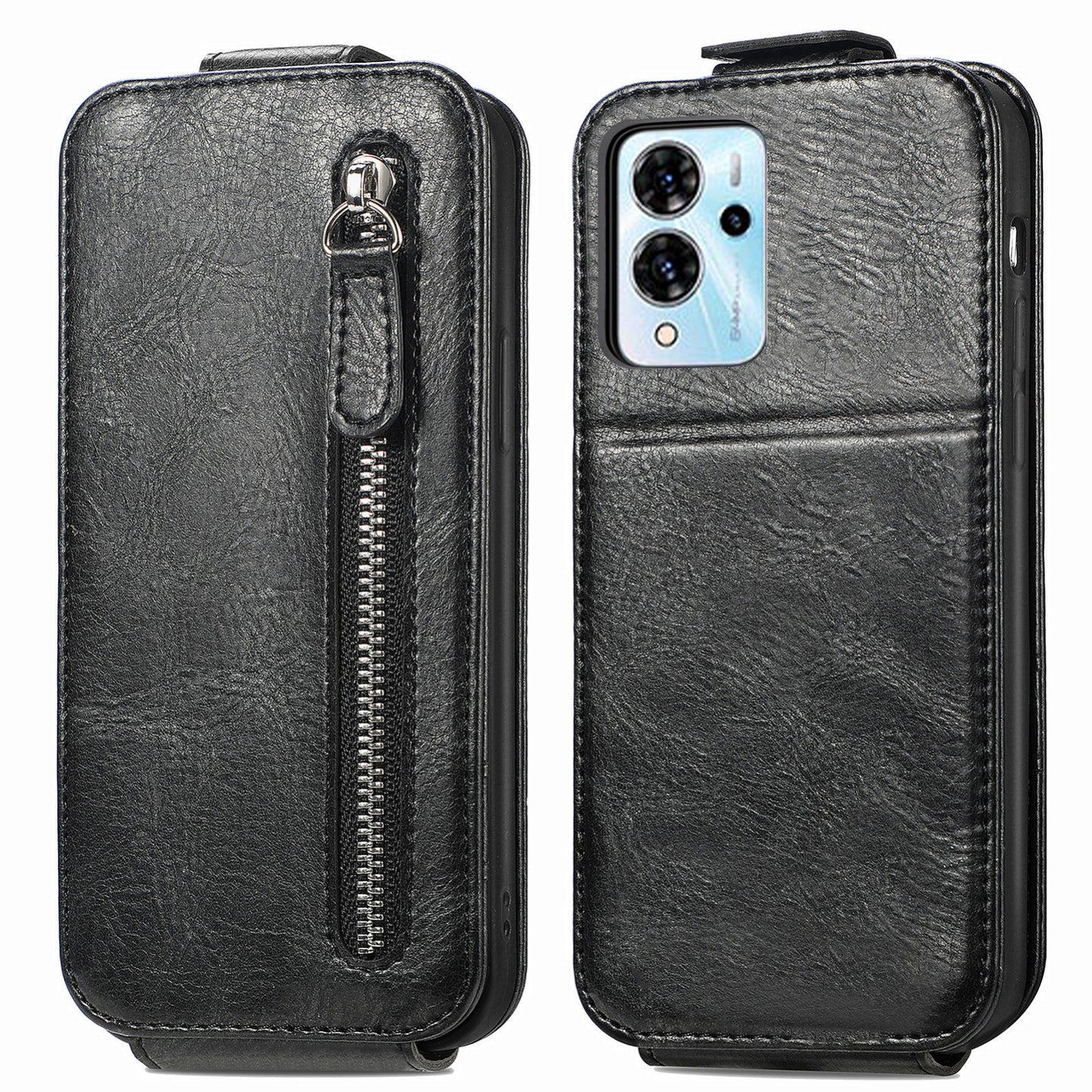 ZTE Blade V40 Pro Zipper Wallet Case - Vertical Flip Leather Phone Cover with Multiple Card Slots and Stand