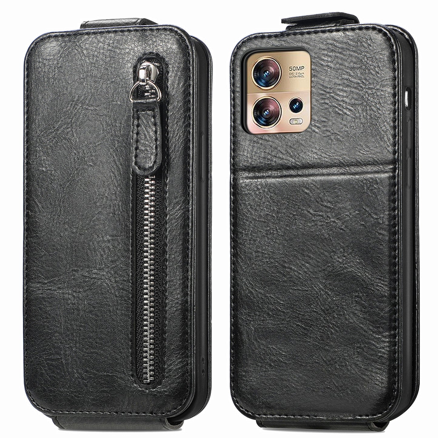 Motorola Edge 30 Fusion Zipper Wallet Case - Vertical Flip Leather Phone Cover with Multiple Card Slots and Stand