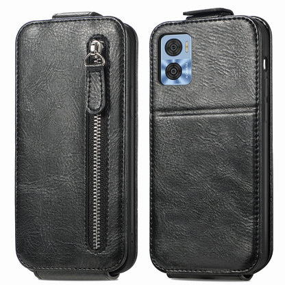 Motorola Moto E22 Zipper Wallet Case - Vertical Flip Leather Phone Cover with Multiple Card Slots and Stand