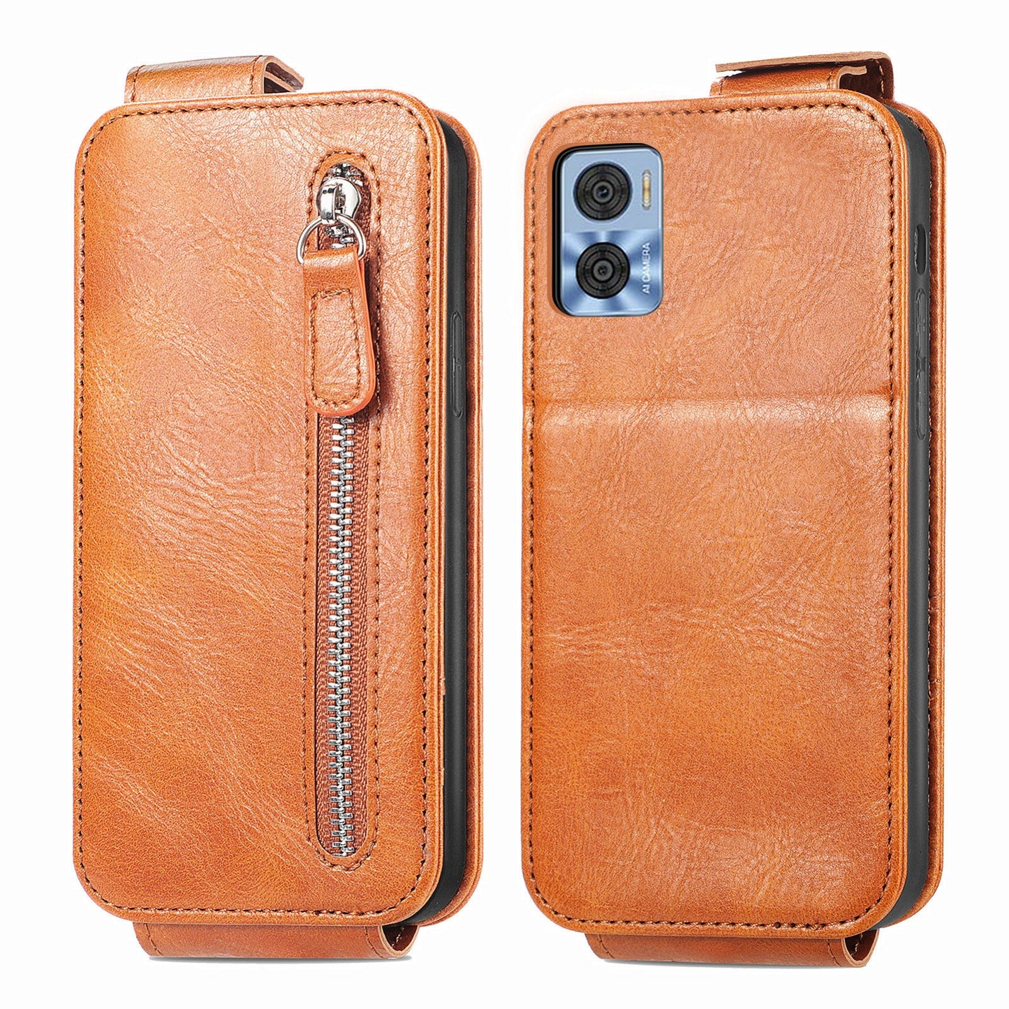 Motorola Moto E22 Zipper Wallet Case - Vertical Flip Leather Phone Cover with Multiple Card Slots and Stand