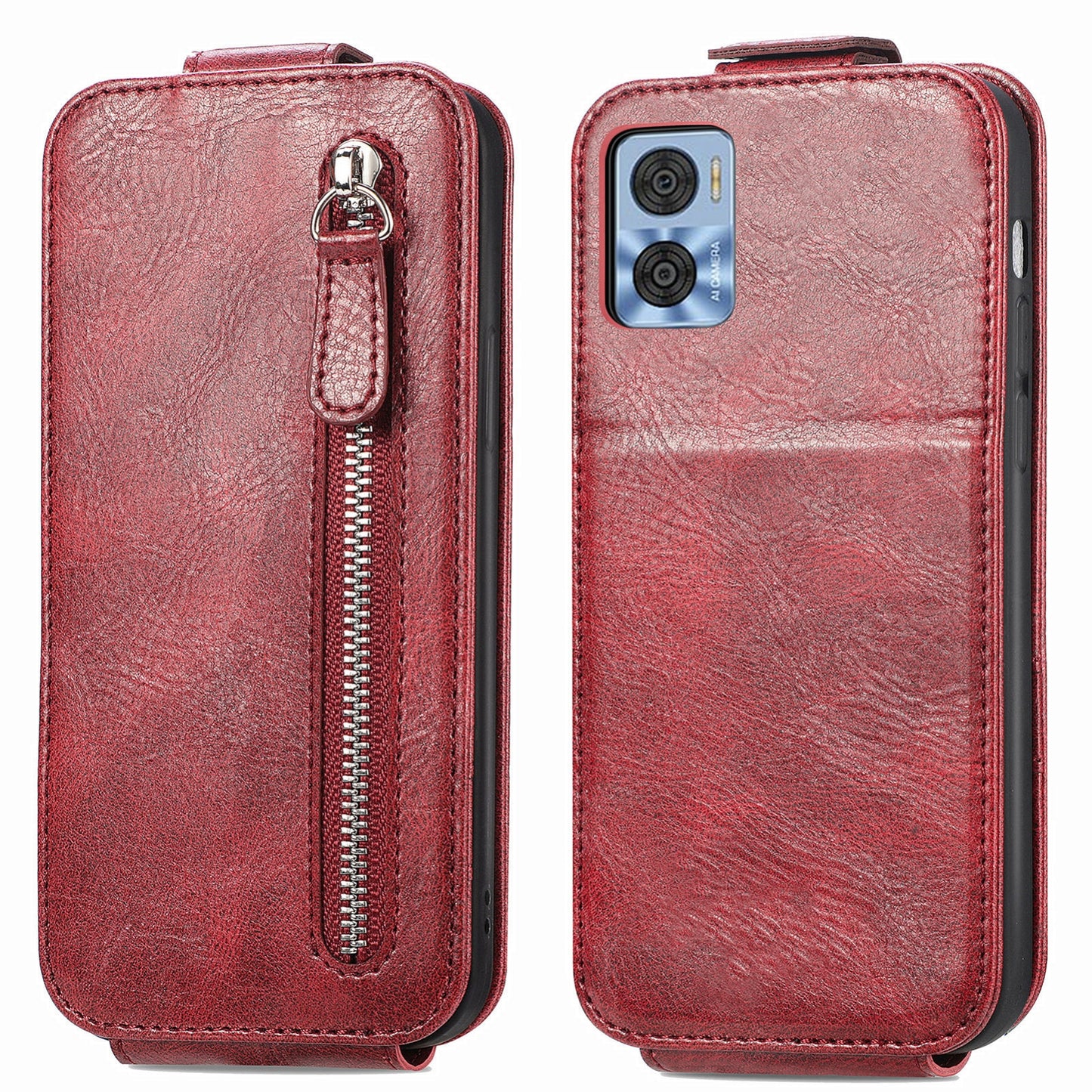 Motorola Moto E22 Zipper Wallet Case - Vertical Flip Leather Phone Cover with Multiple Card Slots and Stand