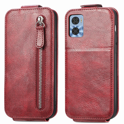 Motorola Moto E22 Zipper Wallet Case - Vertical Flip Leather Phone Cover with Multiple Card Slots and Stand