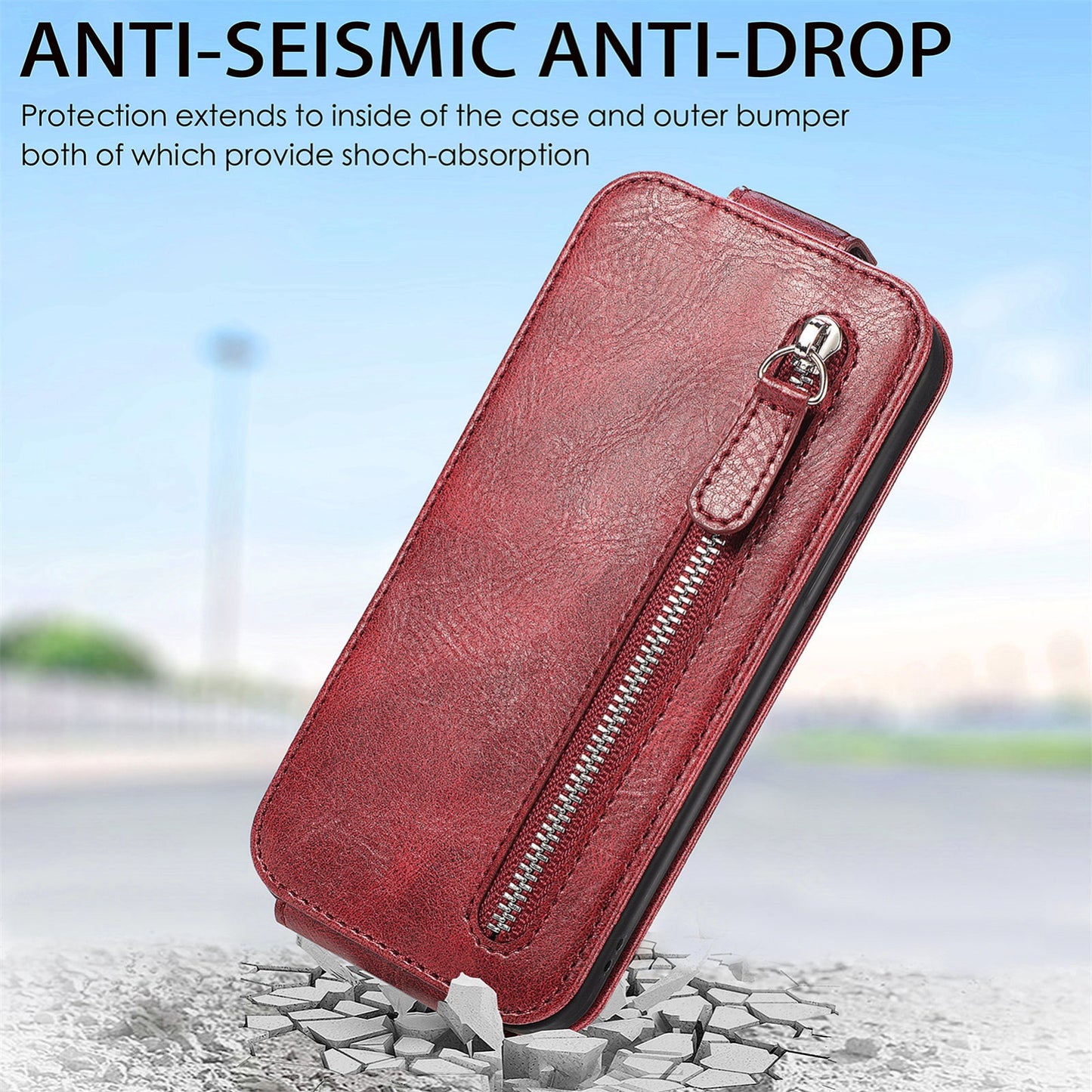 Motorola Moto E22 Zipper Wallet Case - Vertical Flip Leather Phone Cover with Multiple Card Slots and Stand