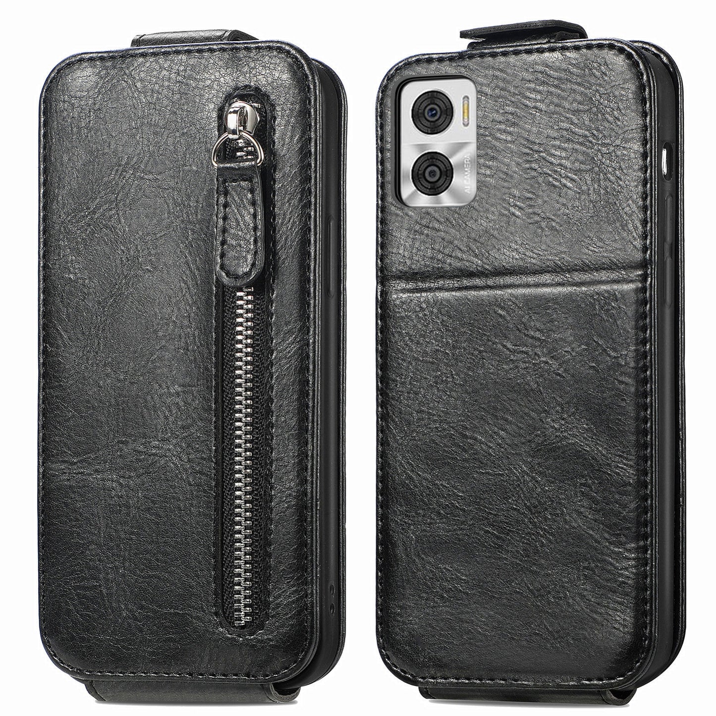 Motorola Moto E22i Zipper Wallet Case - Vertical Flip Leather Phone Cover with Multiple Card Slots and Stand