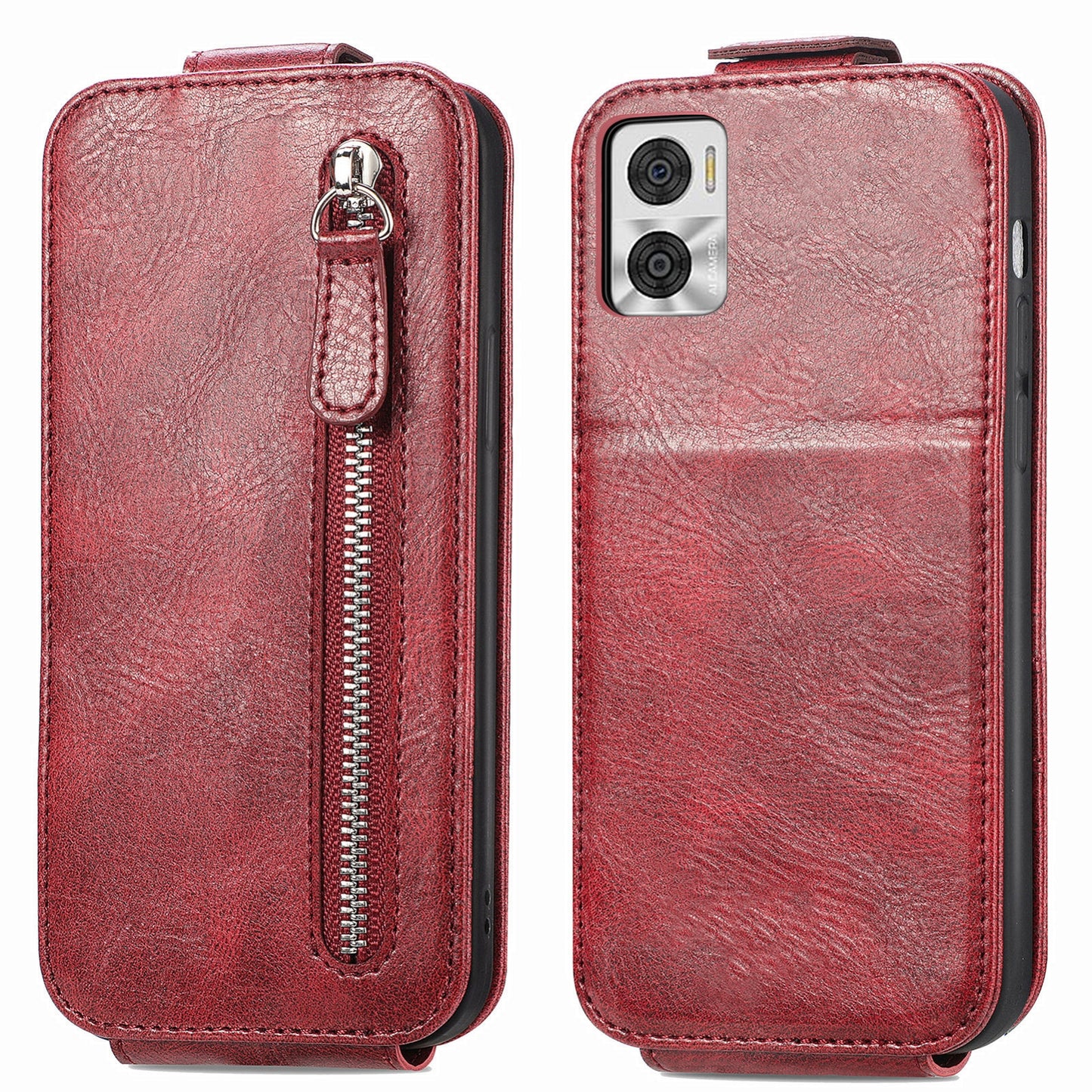 Motorola Moto E22i Zipper Wallet Case - Vertical Flip Leather Phone Cover with Multiple Card Slots and Stand