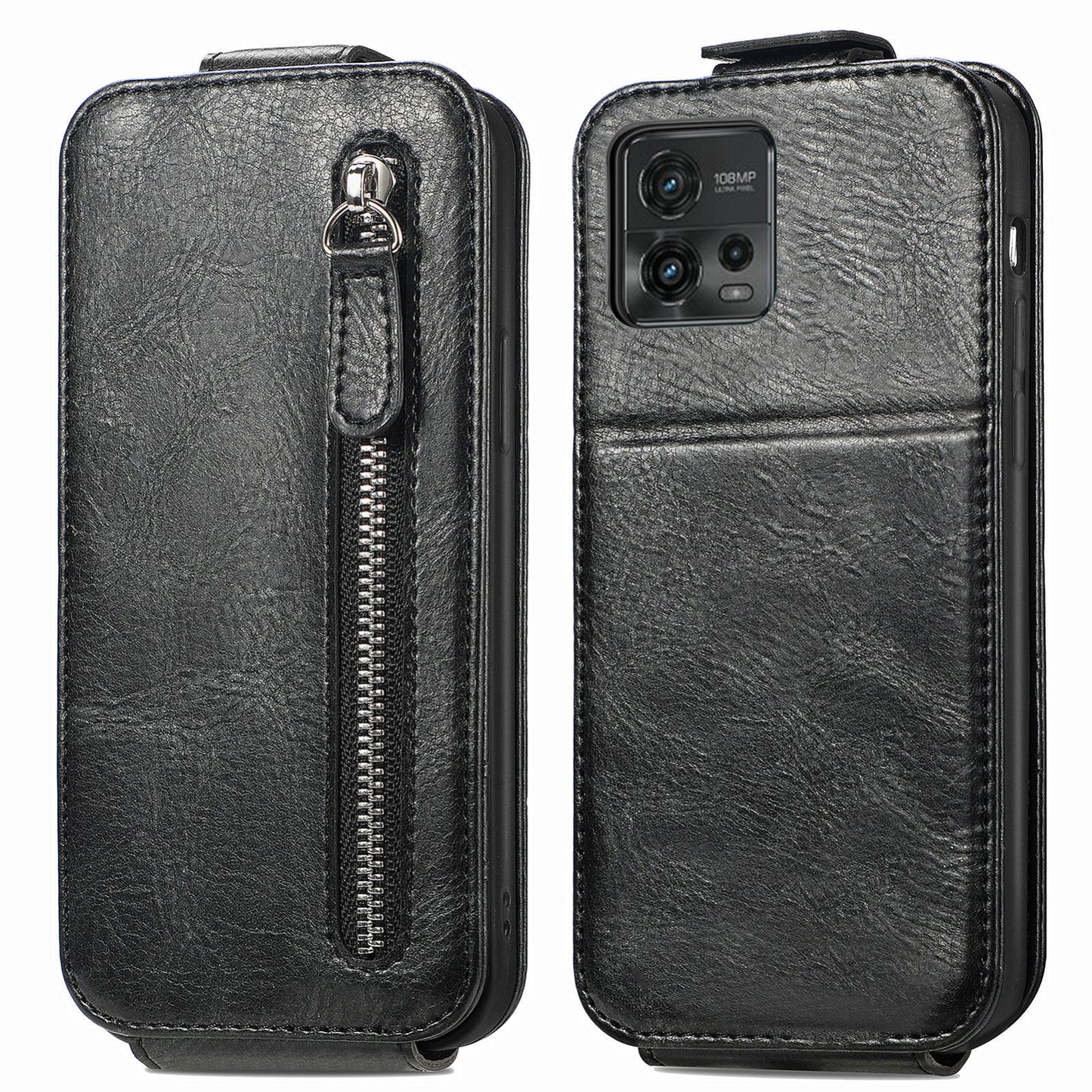 Motorola Moto G72 Zipper Wallet Case - Vertical Flip Leather Phone Cover with Multiple Card Slots and Stand