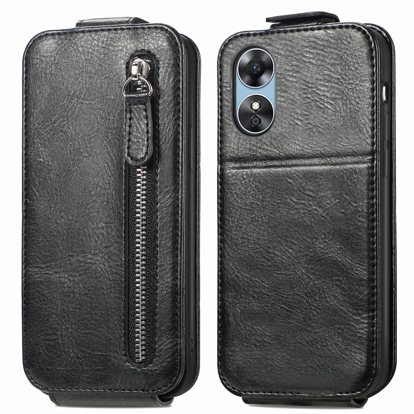 OPPO A17 Zipper Wallet Case - Vertical Flip Leather Phone Cover with Multiple Card Slots and Stand