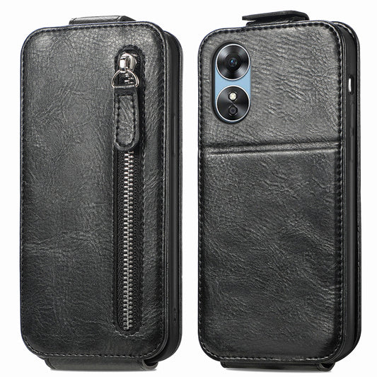 OPPO A17 Zipper Wallet Case - Vertical Flip Leather Phone Cover with Multiple Card Slots and Stand