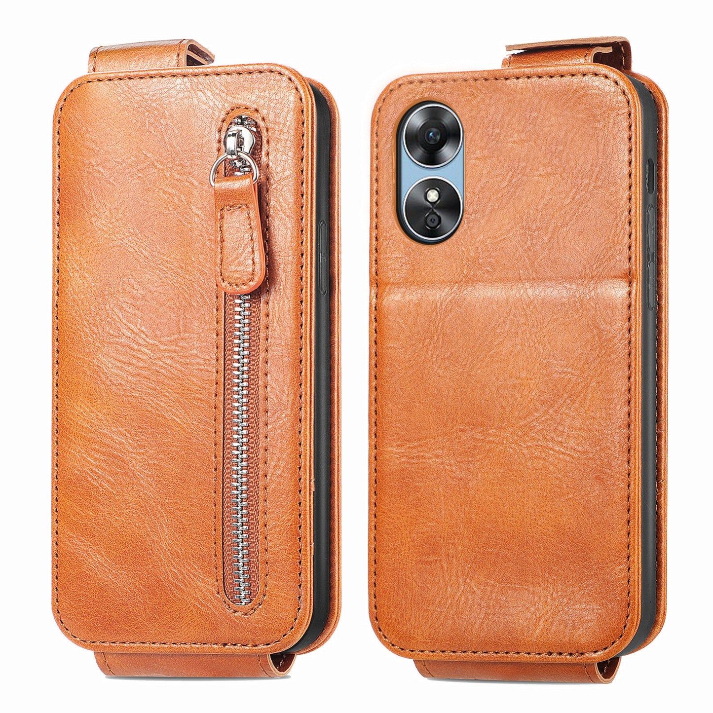 OPPO A17 Zipper Wallet Case - Vertical Flip Leather Phone Cover with Multiple Card Slots and Stand