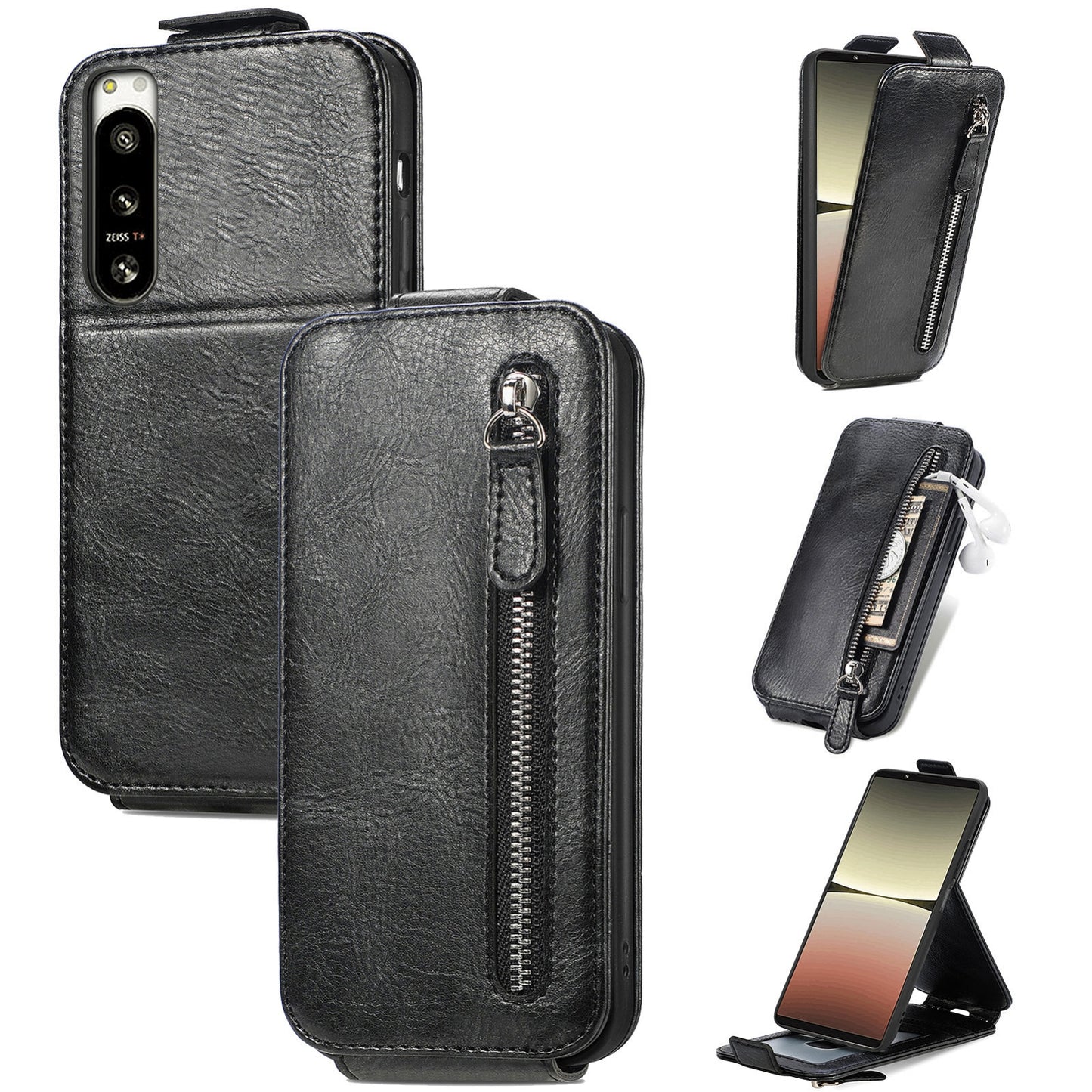 Sony Xperia 5 IV Zipper Wallet Case - Vertical Flip Leather Phone Cover with Multiple Card Slots and Stand