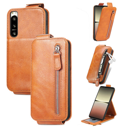 Sony Xperia 5 IV Zipper Wallet Case - Vertical Flip Leather Phone Cover with Multiple Card Slots and Stand