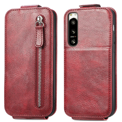 Sony Xperia 5 IV Zipper Wallet Case - Vertical Flip Leather Phone Cover with Multiple Card Slots and Stand