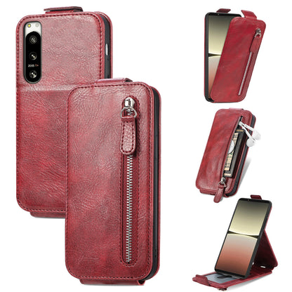 Sony Xperia 5 IV Zipper Wallet Case - Vertical Flip Leather Phone Cover with Multiple Card Slots and Stand