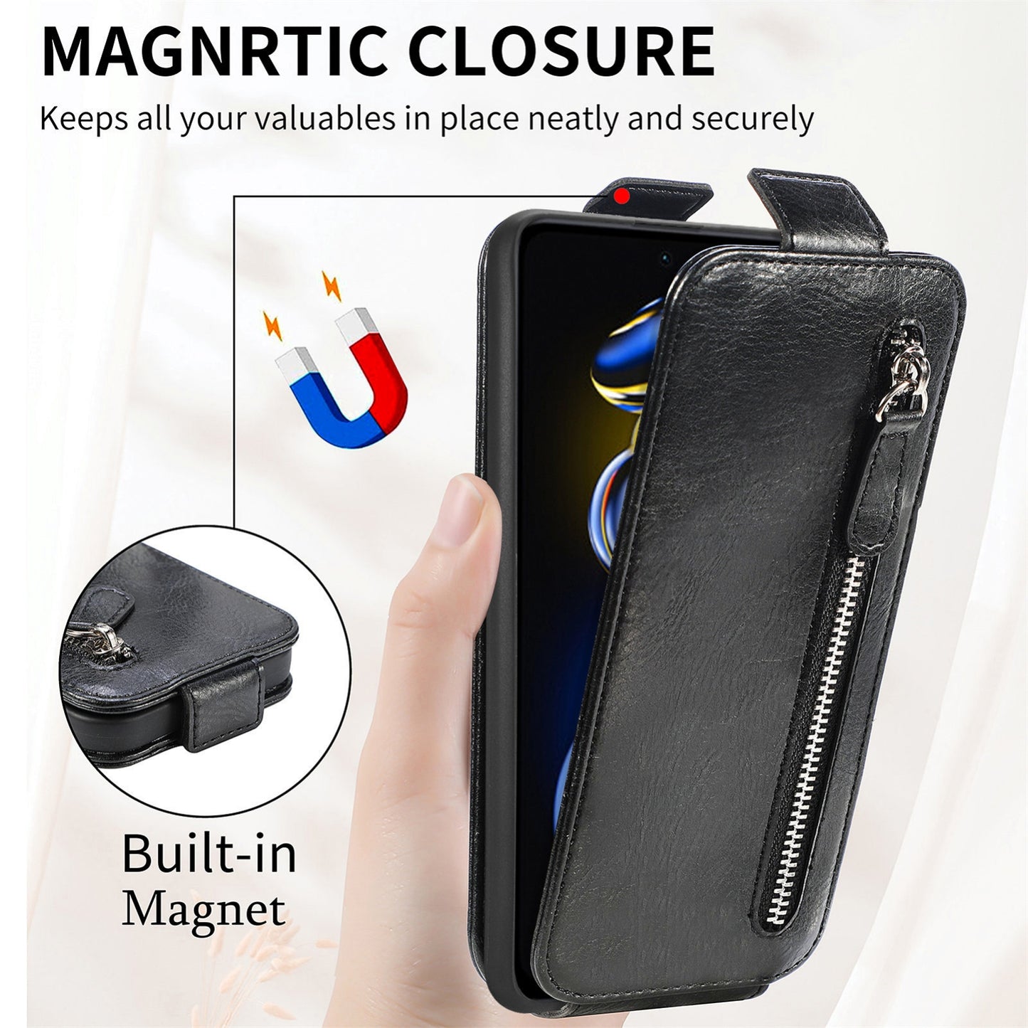 Xiaomi Redmi Note 11T Zipper Wallet Case - Vertical Flip Leather Phone Cover with Multiple Card Slots and Stand