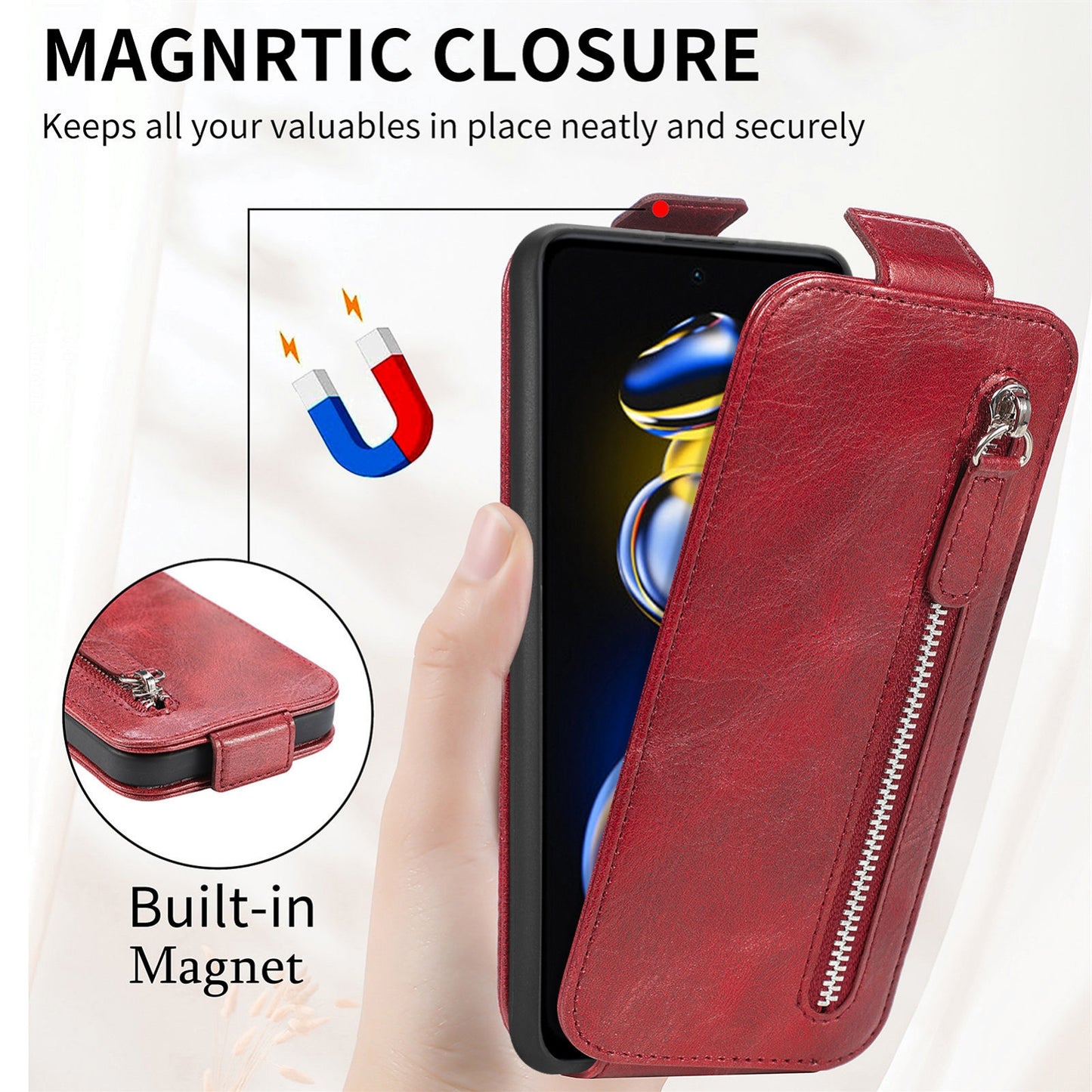 Xiaomi Redmi Note 11T Zipper Wallet Case - Vertical Flip Leather Phone Cover with Multiple Card Slots and Stand