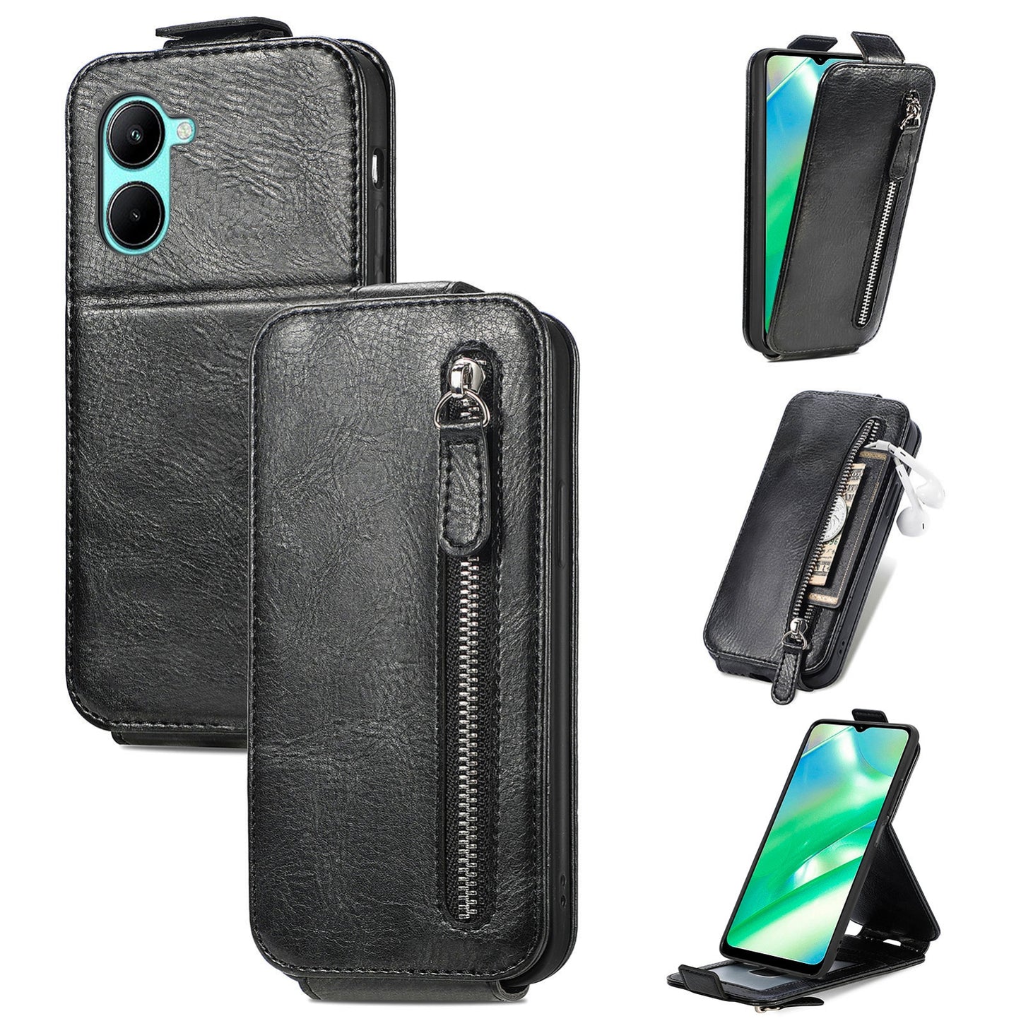 Realme C33 Zipper Wallet Case - Vertical Flip Leather Phone Cover with Multiple Card Slots and Stand