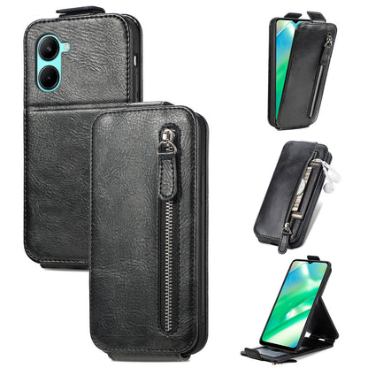 Realme C33 Zipper Wallet Case - Vertical Flip Leather Phone Cover with Multiple Card Slots and Stand