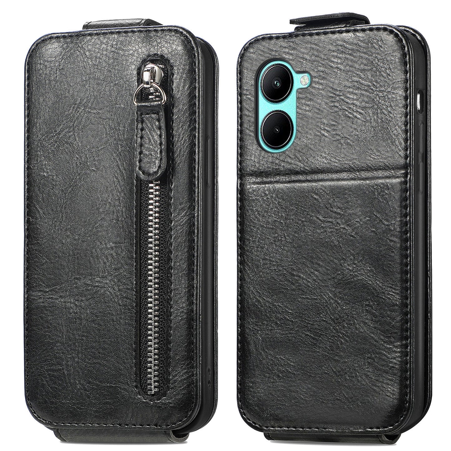 Realme C33 Zipper Wallet Case - Vertical Flip Leather Phone Cover with Multiple Card Slots and Stand