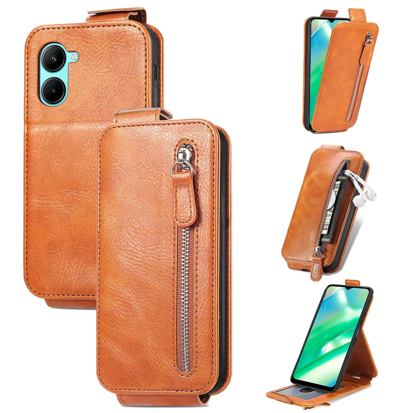 Realme C33 Zipper Wallet Case - Vertical Flip Leather Phone Cover with Multiple Card Slots and Stand