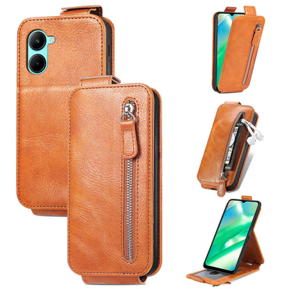 Realme C33 Zipper Wallet Case - Vertical Flip Leather Phone Cover with Multiple Card Slots and Stand
