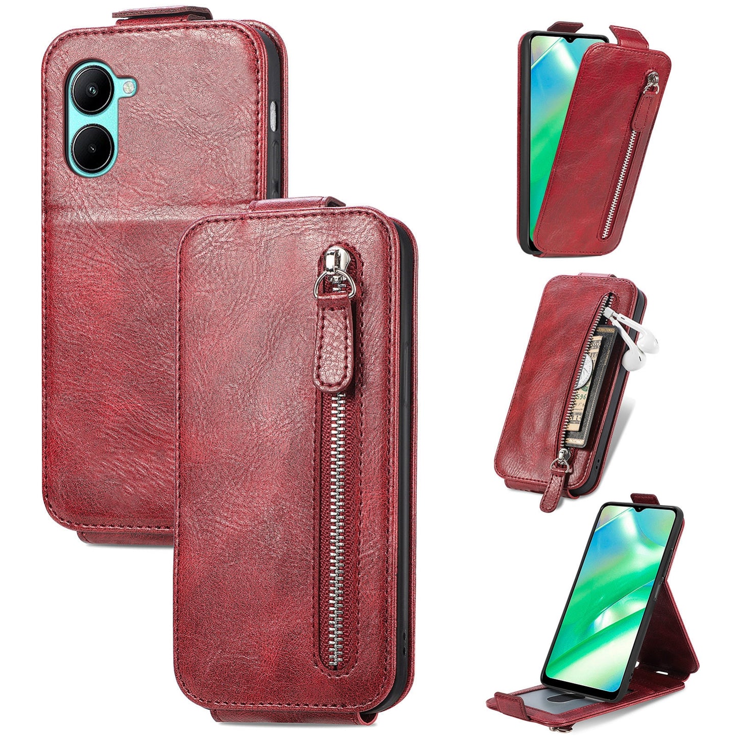 Realme C33 Zipper Wallet Case - Vertical Flip Leather Phone Cover with Multiple Card Slots and Stand