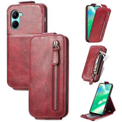 Realme C33 Zipper Wallet Case - Vertical Flip Leather Phone Cover with Multiple Card Slots and Stand