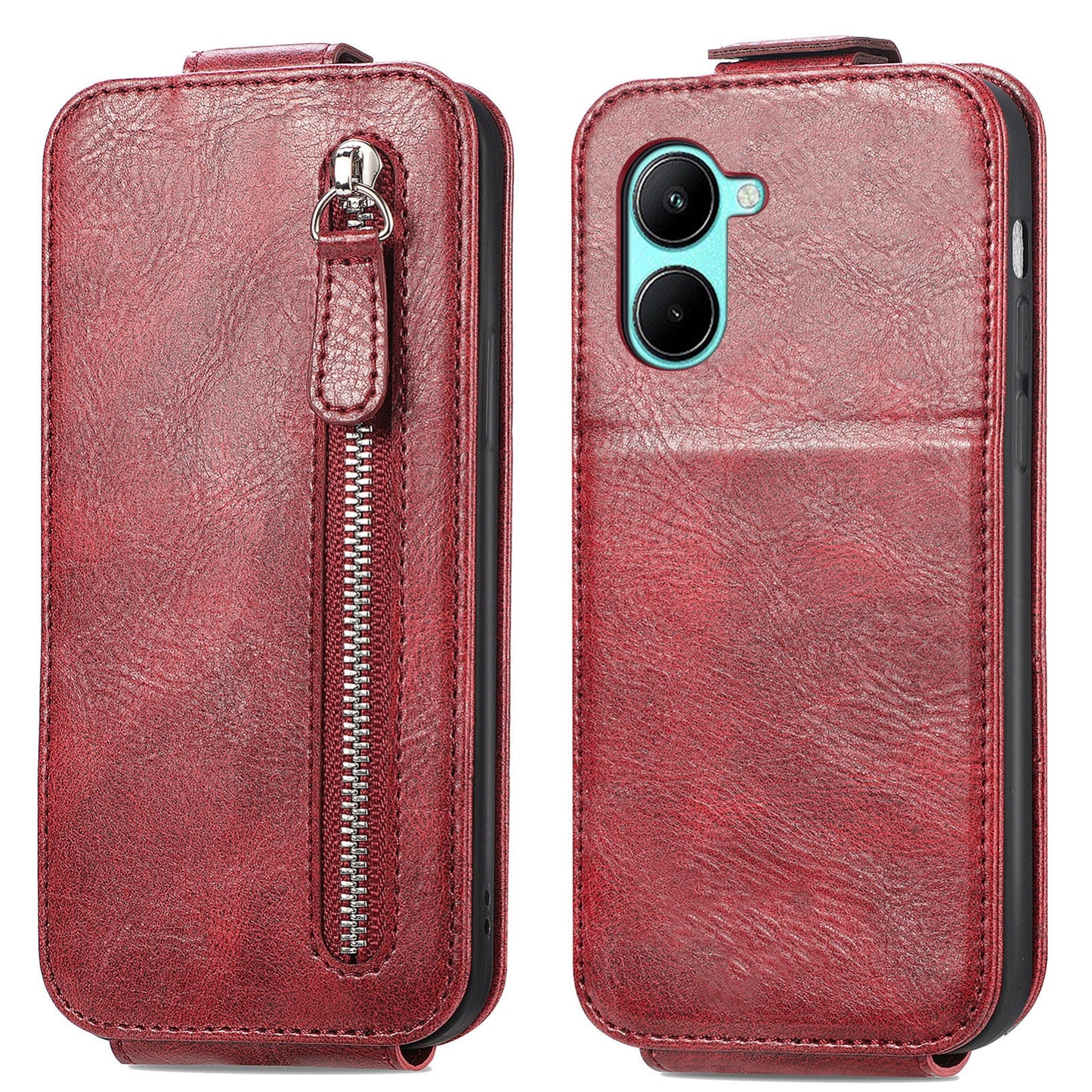 Realme C33 Zipper Wallet Case - Vertical Flip Leather Phone Cover with Multiple Card Slots and Stand