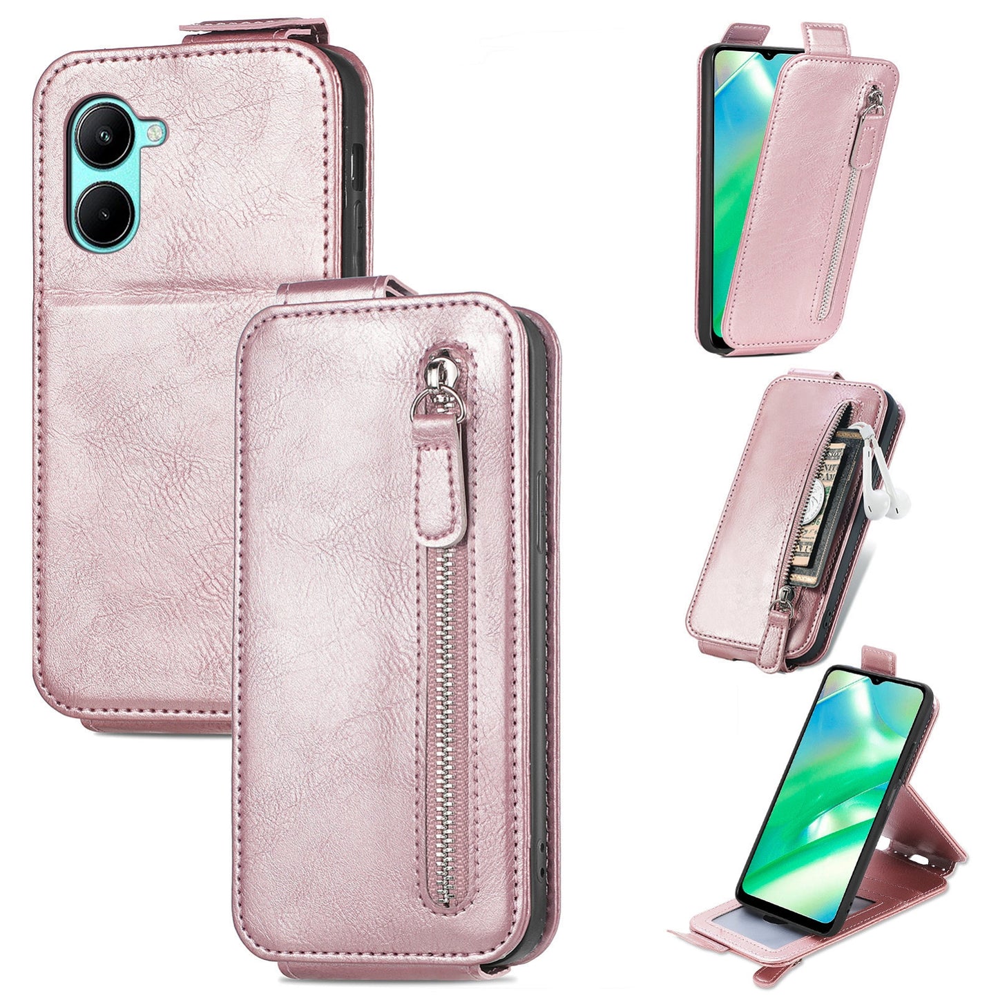 Realme C33 Zipper Wallet Case - Vertical Flip Leather Phone Cover with Multiple Card Slots and Stand