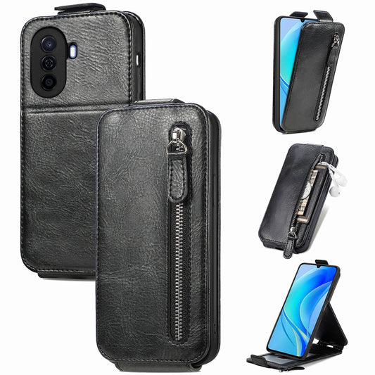 Huawei Nova Y70 Zipper Wallet Case - Vertical Flip Leather Phone Cover with Multiple Card Slots and Stand