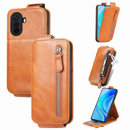 Huawei Nova Y70 Zipper Wallet Case - Vertical Flip Leather Phone Cover with Multiple Card Slots and Stand