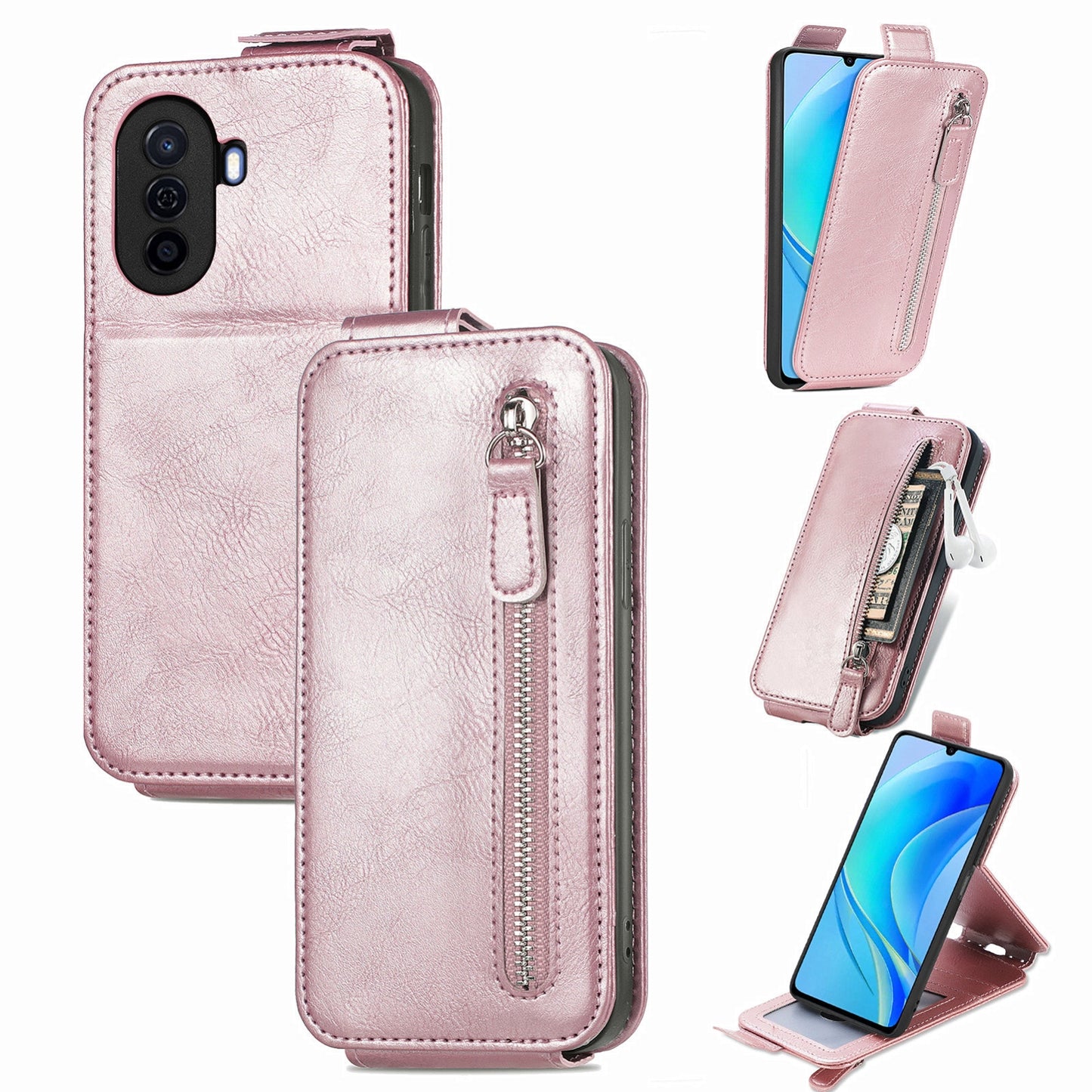 Huawei Nova Y70 Zipper Wallet Case - Vertical Flip Leather Phone Cover with Multiple Card Slots and Stand