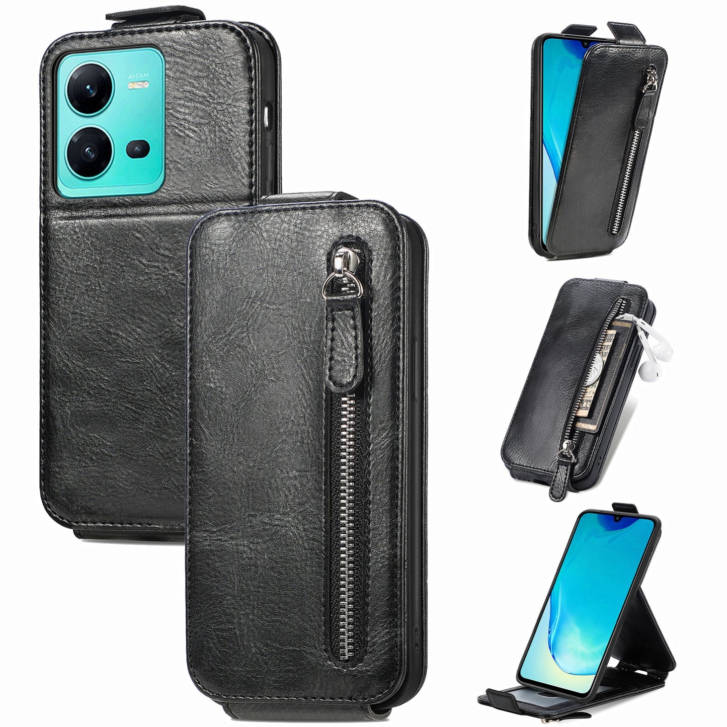 vivo V25 Zipper Wallet Case - Vertical Flip Leather Phone Cover with Multiple Card Slots and Stand