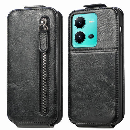 vivo V25 Zipper Wallet Case - Vertical Flip Leather Phone Cover with Multiple Card Slots and Stand