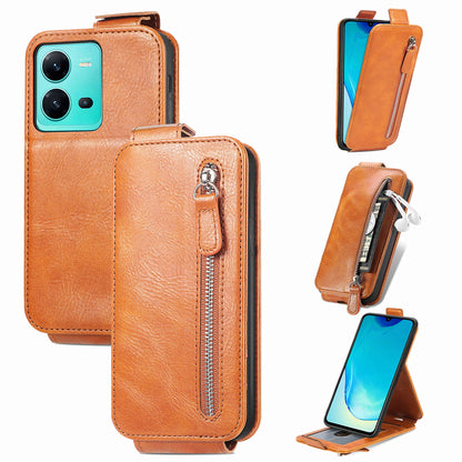 vivo V25 Zipper Wallet Case - Vertical Flip Leather Phone Cover with Multiple Card Slots and Stand