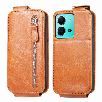 vivo V25 Zipper Wallet Case - Vertical Flip Leather Phone Cover with Multiple Card Slots and Stand