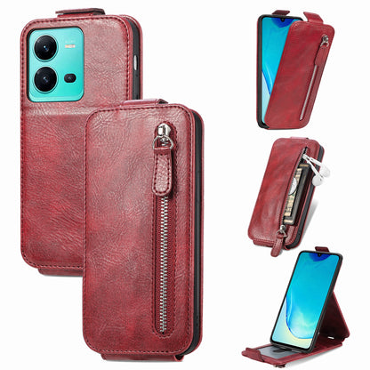 vivo V25 Zipper Wallet Case - Vertical Flip Leather Phone Cover with Multiple Card Slots and Stand