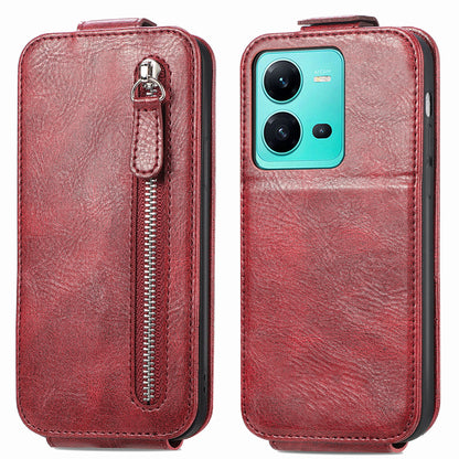 vivo V25 Zipper Wallet Case - Vertical Flip Leather Phone Cover with Multiple Card Slots and Stand