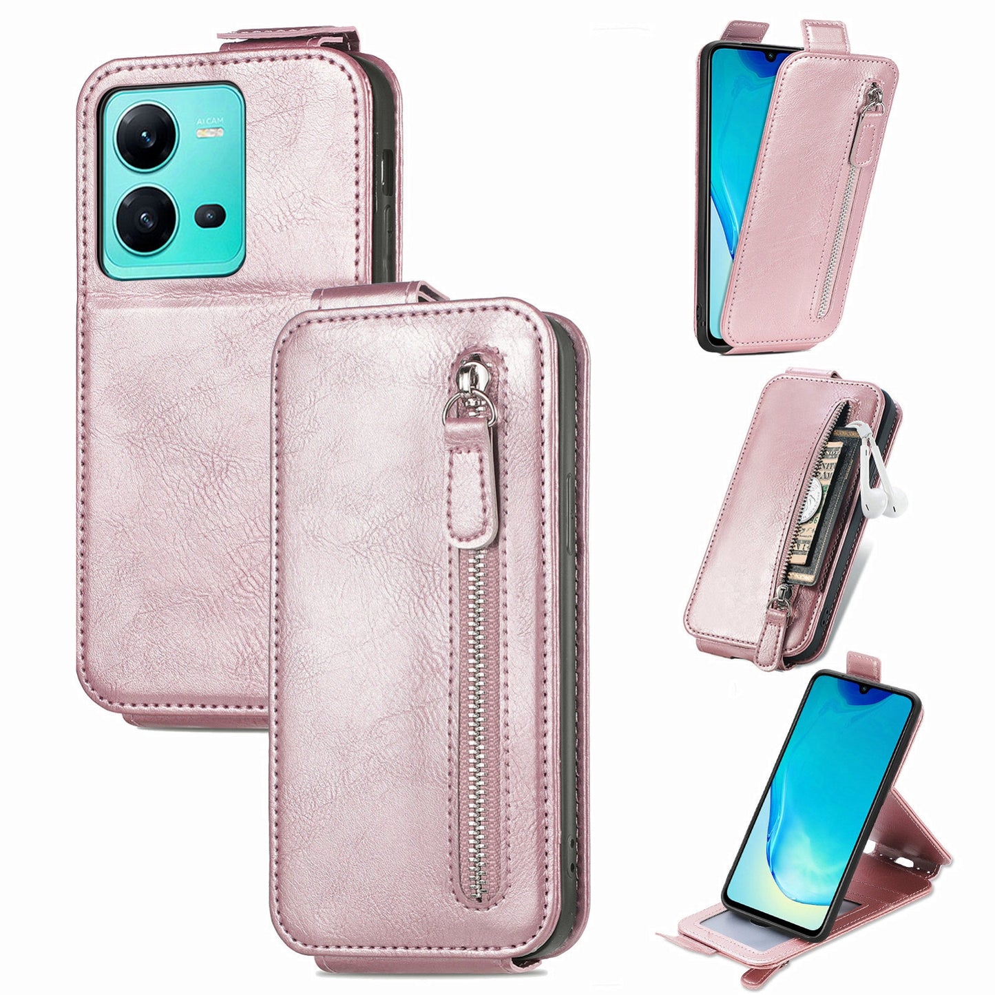 vivo V25 Zipper Wallet Case - Vertical Flip Leather Phone Cover with Multiple Card Slots and Stand