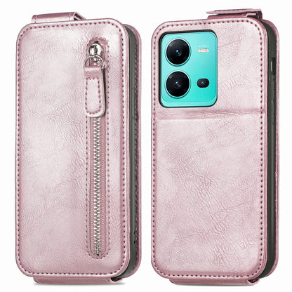 vivo V25 Zipper Wallet Case - Vertical Flip Leather Phone Cover with Multiple Card Slots and Stand