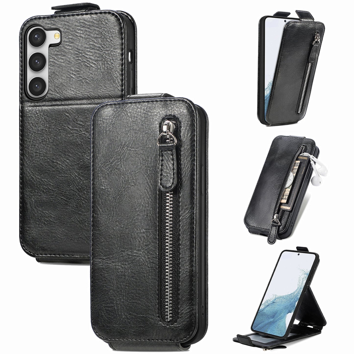 Samsung Galaxy S23 5G Zipper Wallet Case - Vertical Flip Leather Phone Cover with Multiple Card Slots and Stand