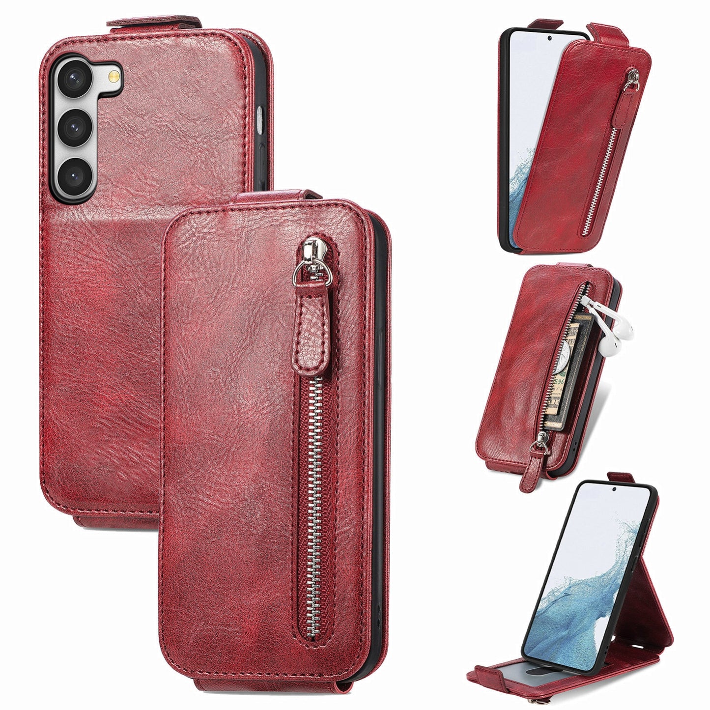 Samsung Galaxy S23 5G Zipper Wallet Case - Vertical Flip Leather Phone Cover with Multiple Card Slots and Stand