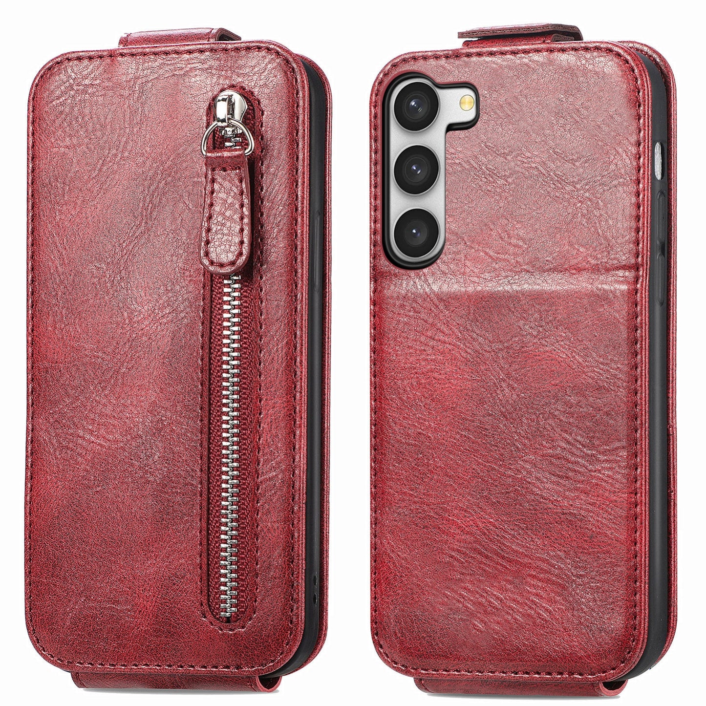 Samsung Galaxy S23 5G Zipper Wallet Case - Vertical Flip Leather Phone Cover with Multiple Card Slots and Stand