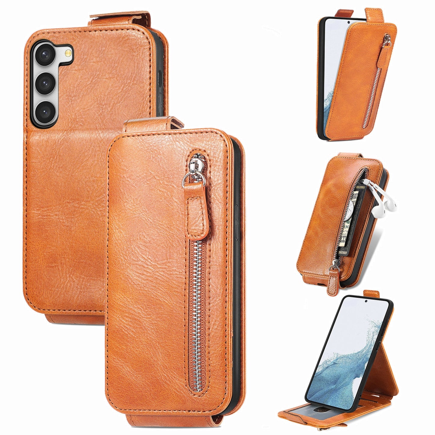 Samsung Galaxy S23+ 5G Zipper Wallet Case - Vertical Flip Leather Phone Cover with Multiple Card Slots and Stand