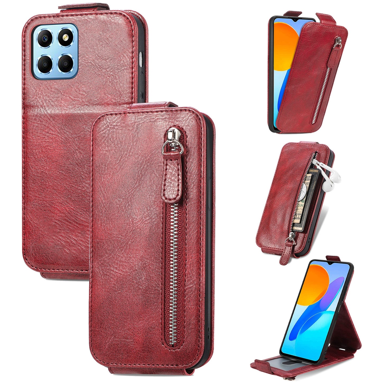 Honor X8 5G Zipper Wallet Case - Vertical Flip Leather Phone Cover with Multiple Card Slots and Stand