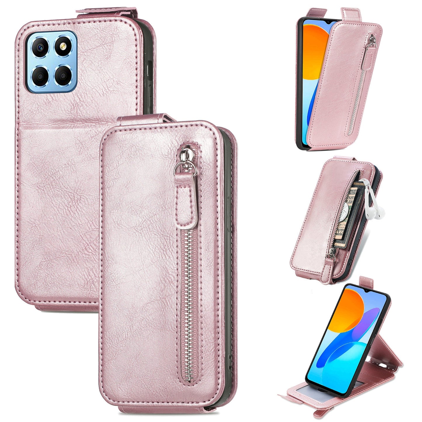 Honor X8 5G Zipper Wallet Case - Vertical Flip Leather Phone Cover with Multiple Card Slots and Stand